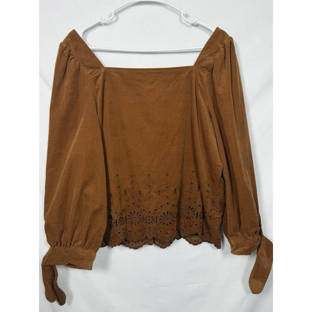 Madewell Corduroy Eyelet Embroidered Tie Sleeve Blouse Brown L Cottagecore